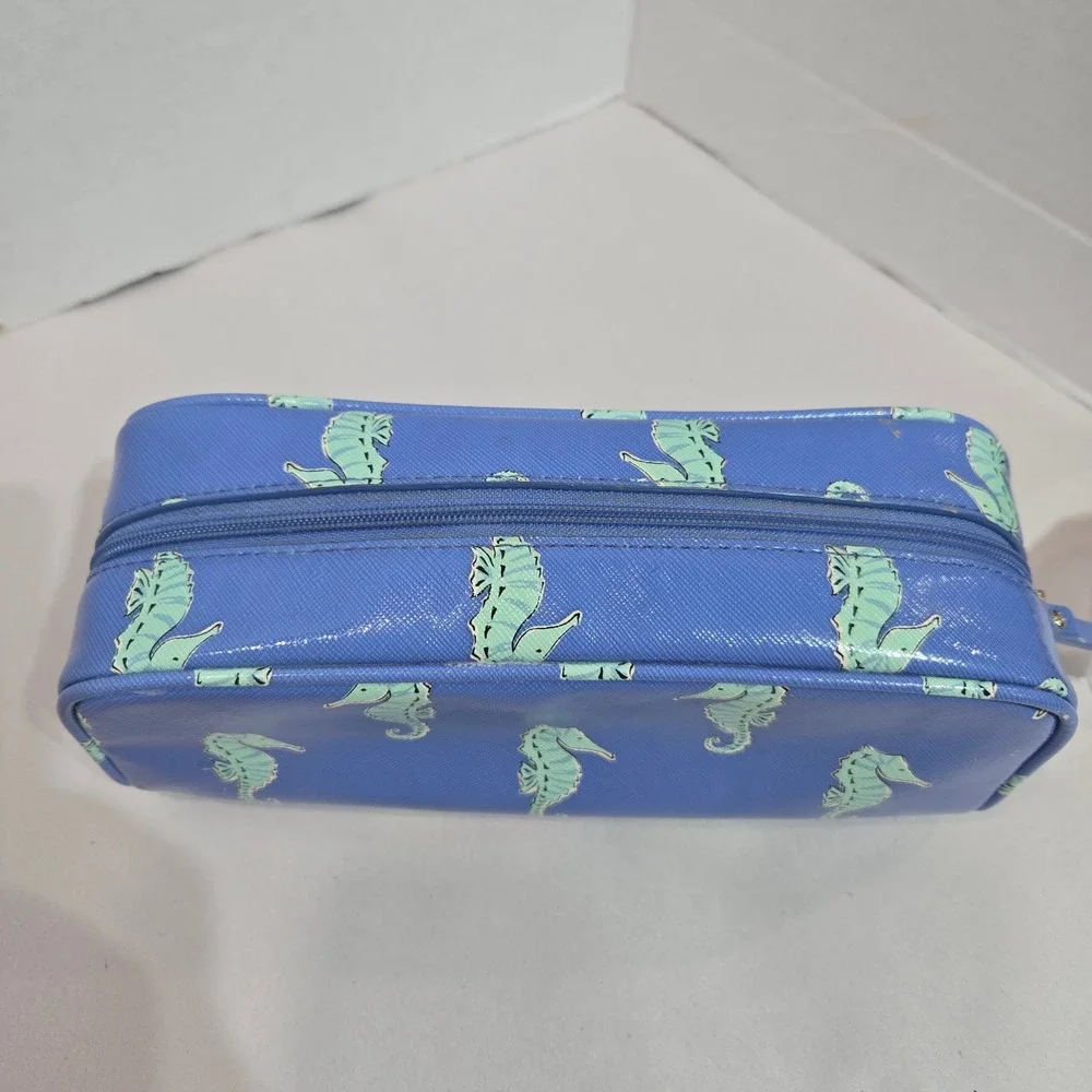 Kate Spade Cosmetic Bag Blue Seahorse Print Saffiano Travel Pouch *see pics